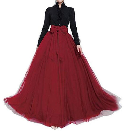 Floor-length High Waisted Puffy Tulle Skirt with Bowknot Belt