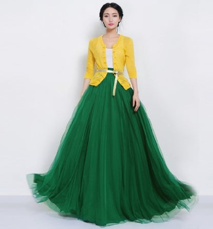 Floor-length High Waisted Puffy Tulle Skirt with Bowknot Belt