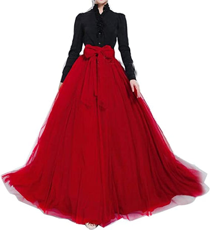 Floor-length High Waisted Puffy Tulle Skirt with Bowknot Belt