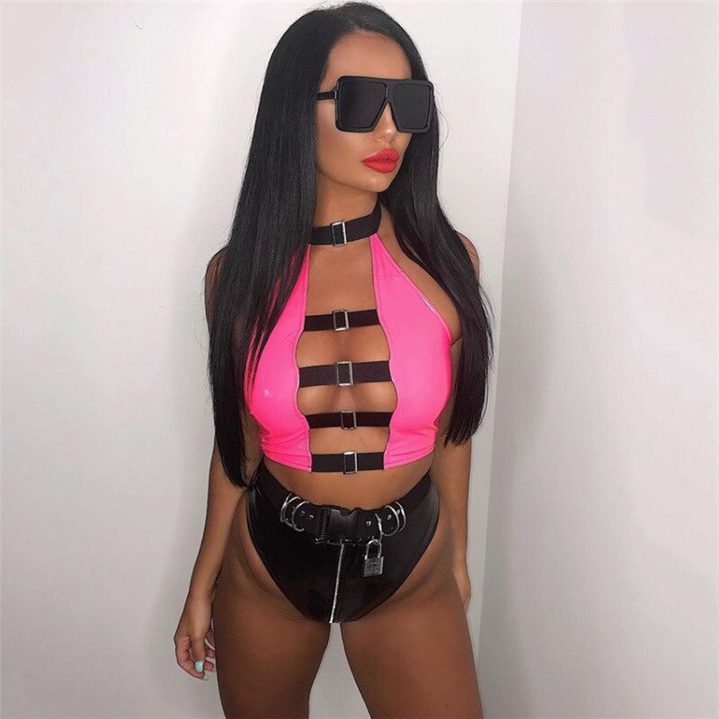 PU Leather Buckle Crop Top