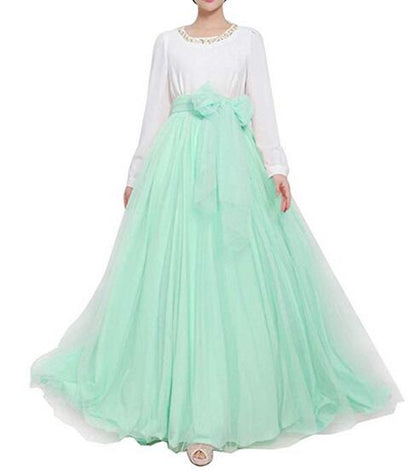 Floor-length High Waisted Puffy Tulle Skirt with Bowknot Belt