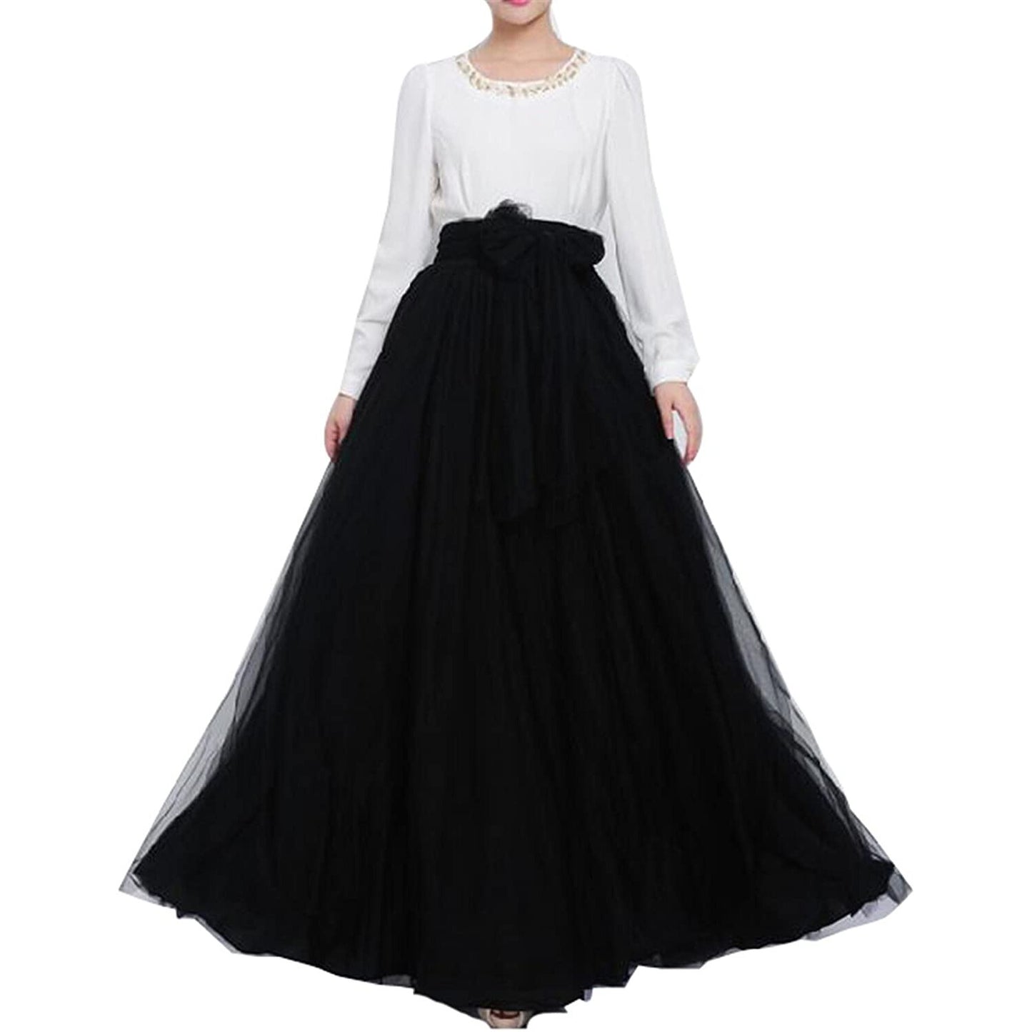 Floor-length High Waisted Puffy Tulle Skirt with Bowknot Belt