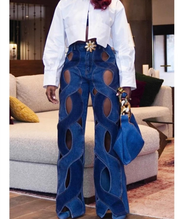 Hollowed Flared Denim Trousers